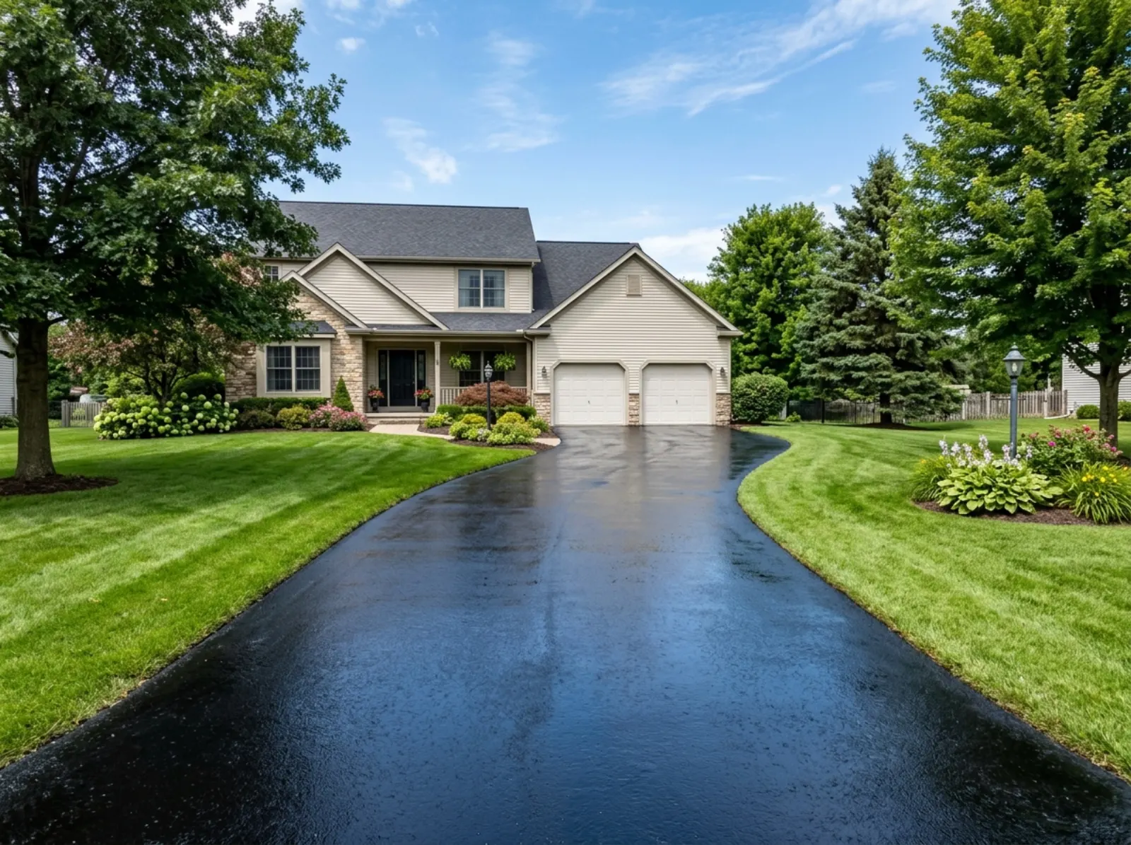 Dark sealed asphalt driveway after sealcoating